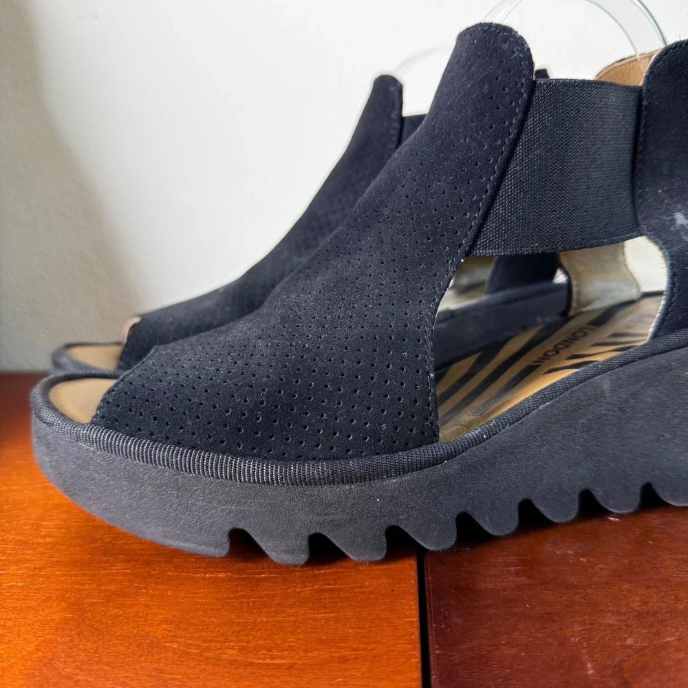 Fly London Wedge Sandals Women 40 (9) Black Suede Perforated Peep Toe Platform